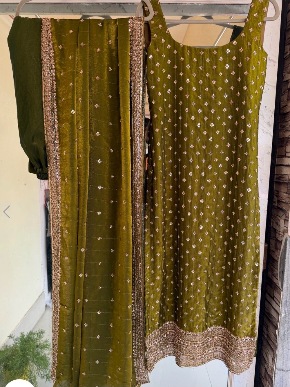 Olive Green Embellished Ethnic Dress with Matching Dupatta